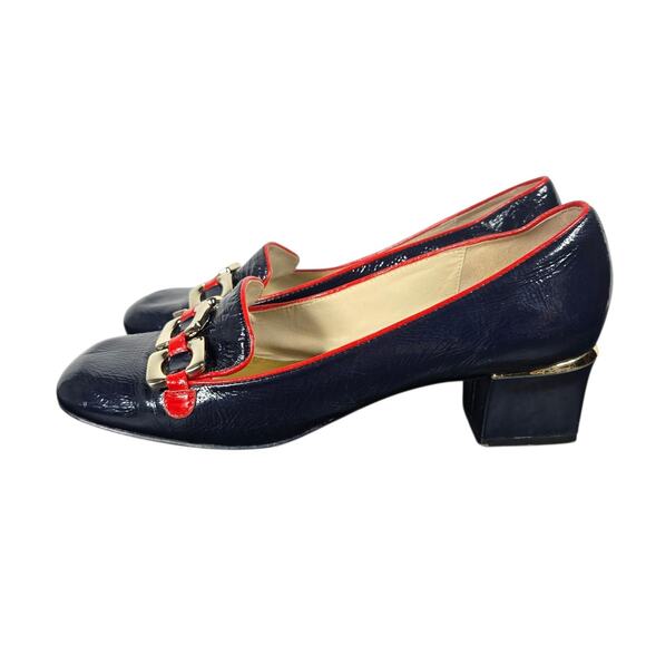 Marc by Marc Jacobs Pumps Womens 38 Navy Red Patent Leather Chain Heeled Loafers - Picture 4 of 14